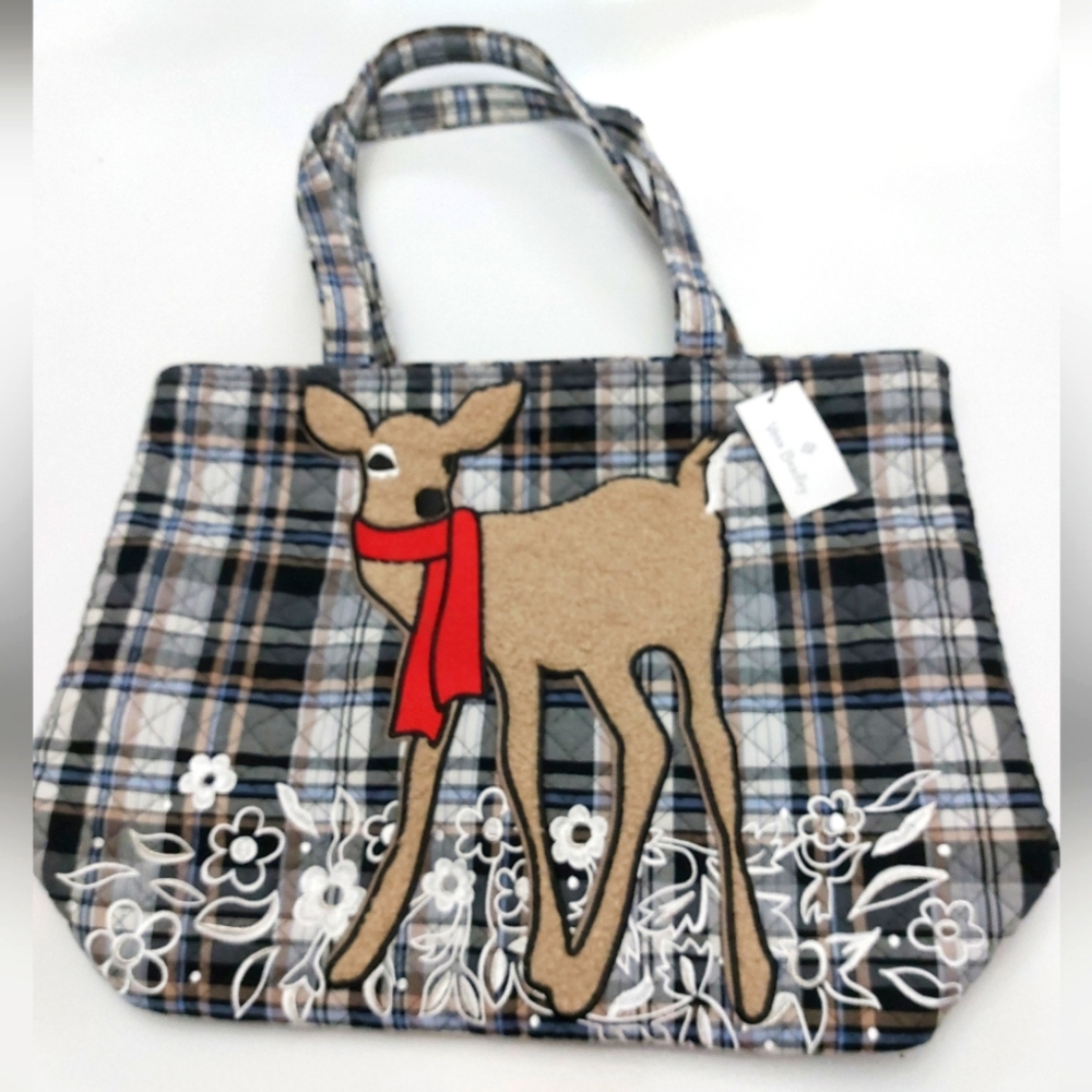 Large Vera Tote Cozy Plaid Embroidered Deer NWT